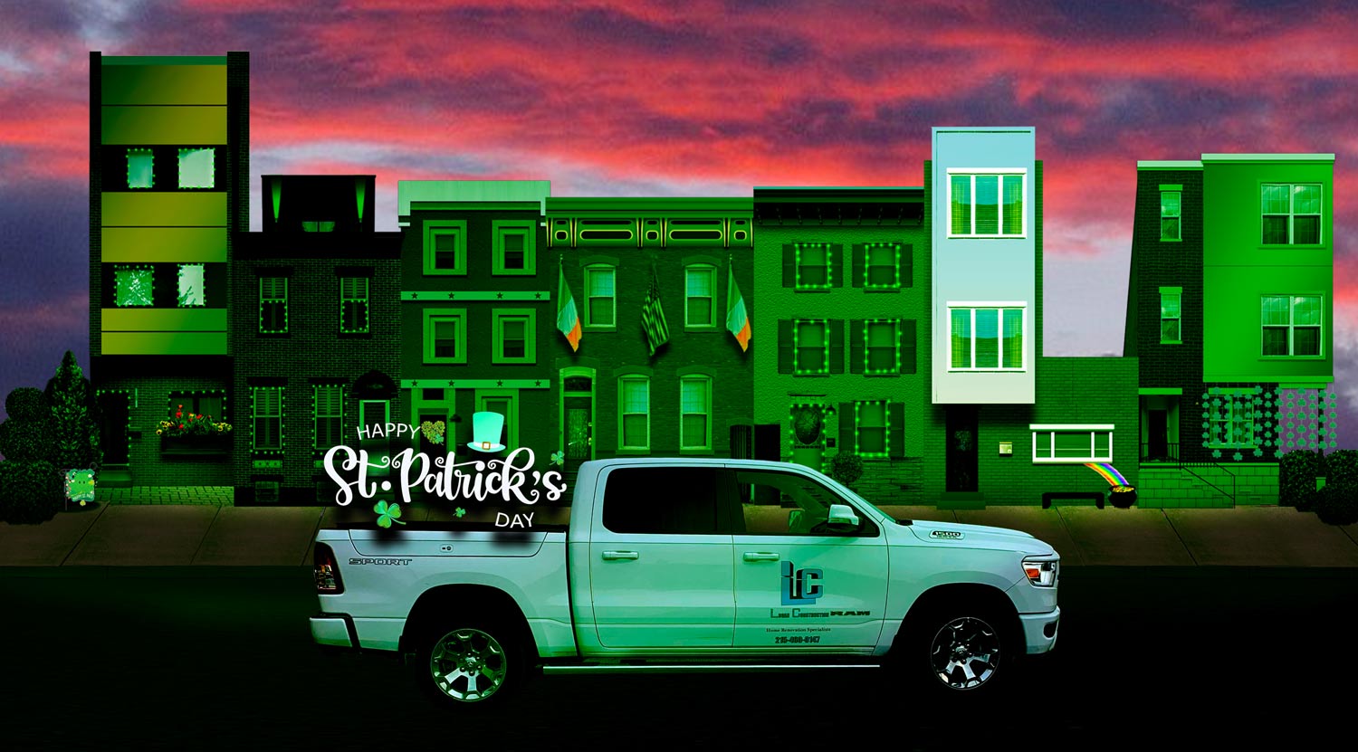 an illustration of Philly rowhomes bathed in green and celebrating St. Patrick's Day